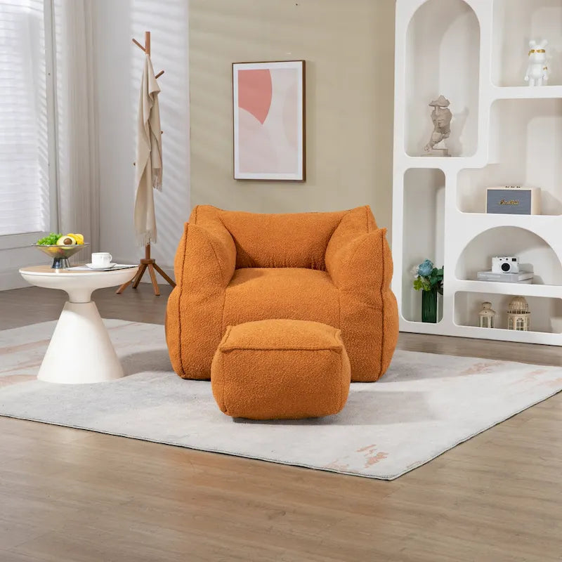 Boucle Upholstered Deep Seat Armless Square Bean Bag Chair with Ottoman