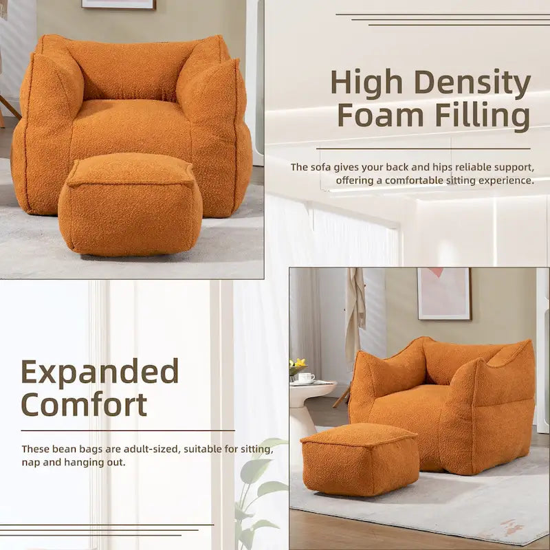 Boucle Upholstered Deep Seat Armless Square Bean Bag Chair with Ottoman