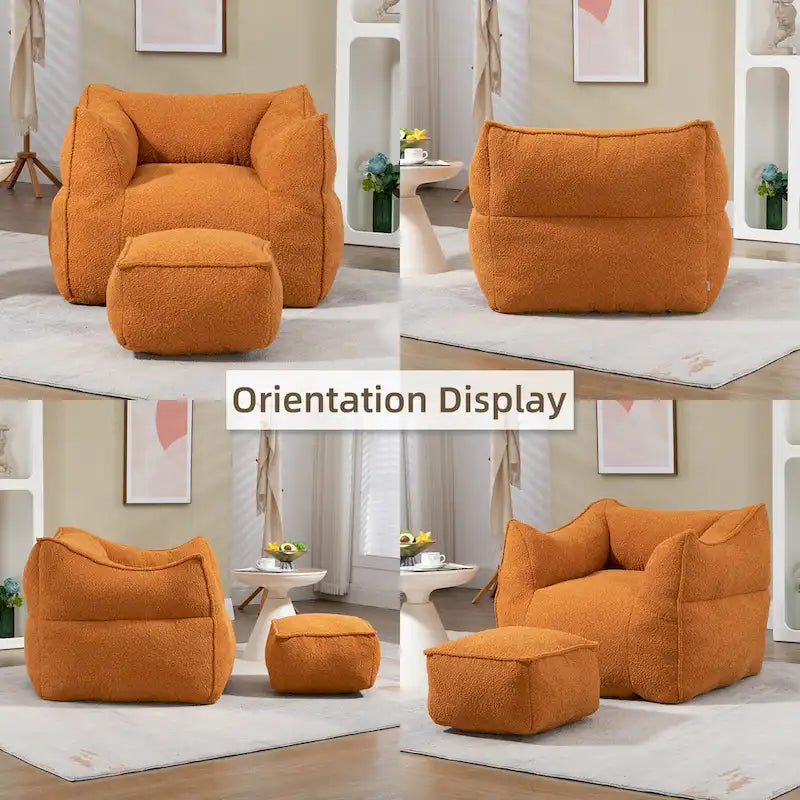 Boucle Upholstered Deep Seat Armless Square Bean Bag Chair with Ottoman
