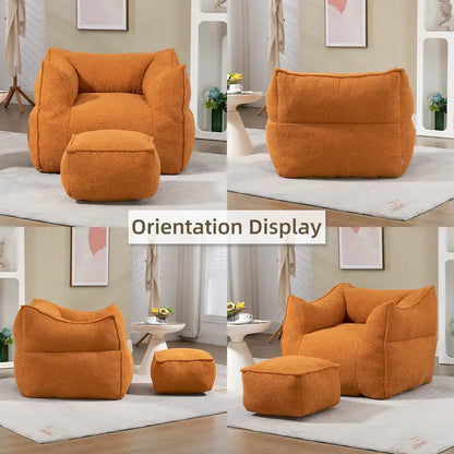 Boucle Upholstered Deep Seat Armless Square Bean Bag Chair with Ottoman