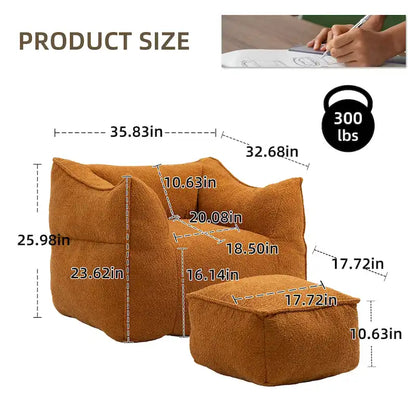 Boucle Upholstered Deep Seat Armless Square Bean Bag Chair with Ottoman