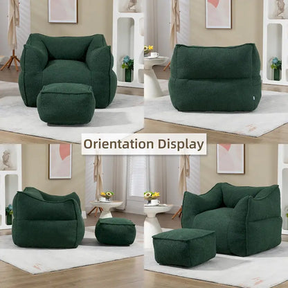 Boucle Upholstered Deep Seat Armless Square Bean Bag Chair with Ottoman