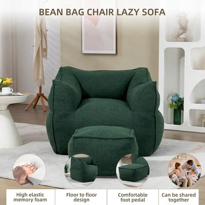 Boucle Upholstered Deep Seat Armless Square Bean Bag Chair with Ottoman
