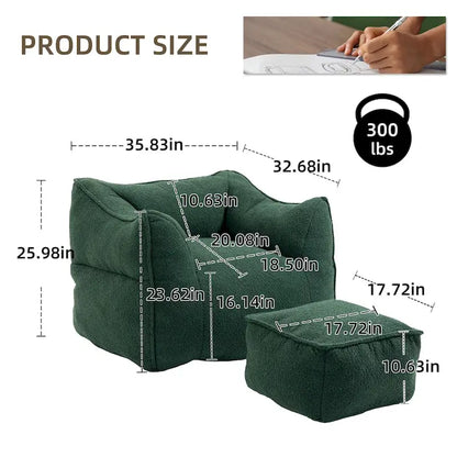 Boucle Upholstered Deep Seat Armless Square Bean Bag Chair with Ottoman