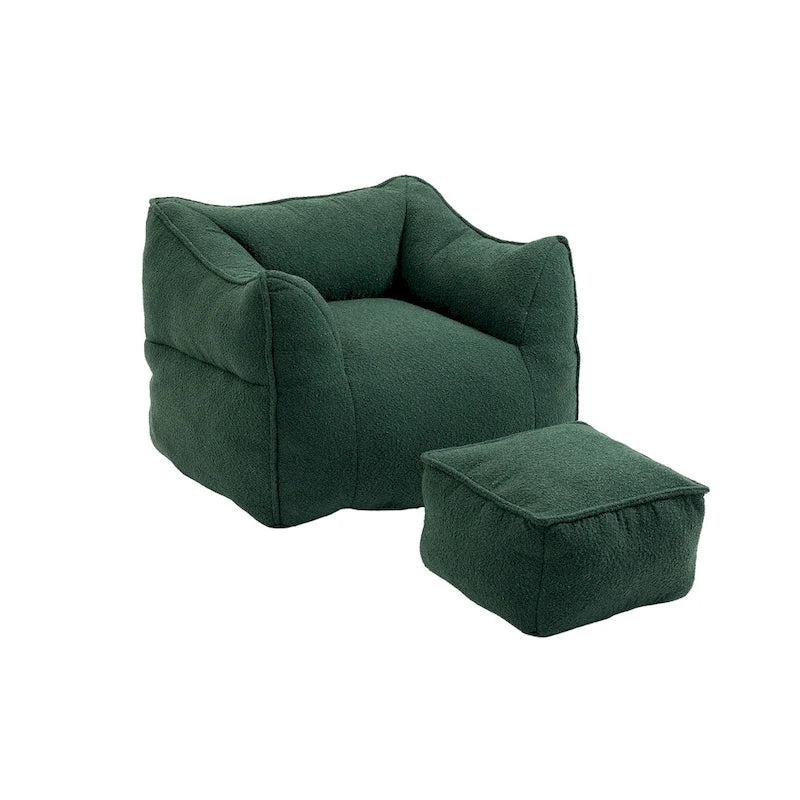 Boucle Upholstered Deep Seat Armless Square Bean Bag Chair with Ottoman