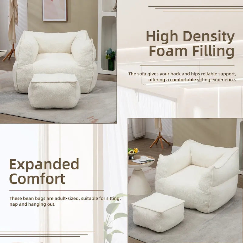 Boucle Upholstered Deep Seat Armless Square Bean Bag Chair with Ottoman