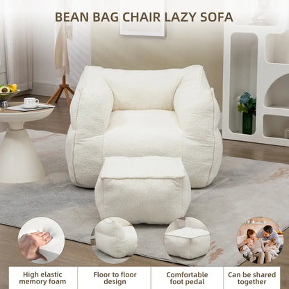 Boucle Upholstered Deep Seat Armless Square Bean Bag Chair with Ottoman