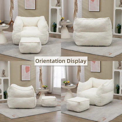 Boucle Upholstered Deep Seat Armless Square Bean Bag Chair with Ottoman