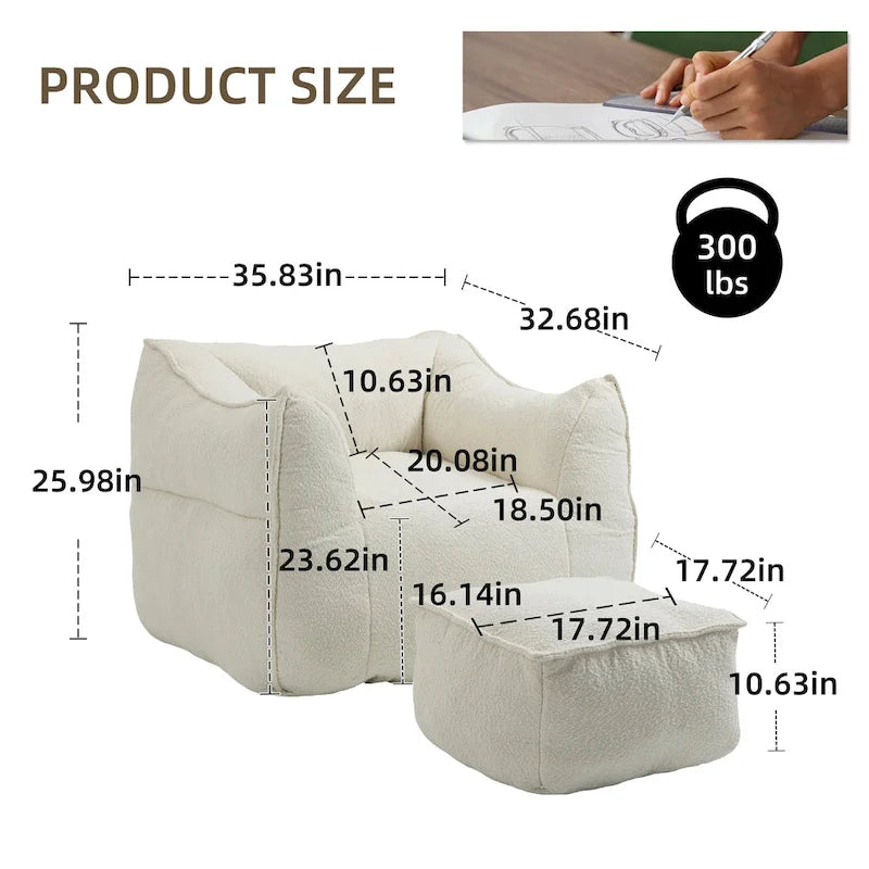 Boucle Upholstered Deep Seat Armless Square Bean Bag Chair with Ottoman