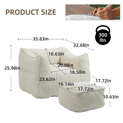 Boucle Upholstered Deep Seat Armless Square Bean Bag Chair with Ottoman