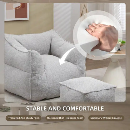 Boucle Upholstered Deep Seat Armless Square Bean Bag Chair with Ottoman
