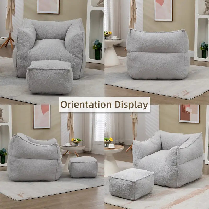 Boucle Upholstered Deep Seat Armless Square Bean Bag Chair with Ottoman