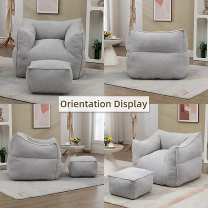 Boucle Upholstered Deep Seat Armless Square Bean Bag Chair with Ottoman