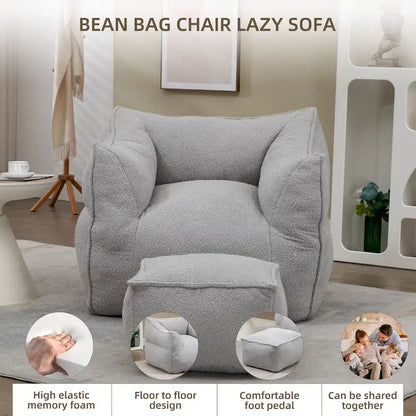 Boucle Upholstered Deep Seat Armless Square Bean Bag Chair with Ottoman