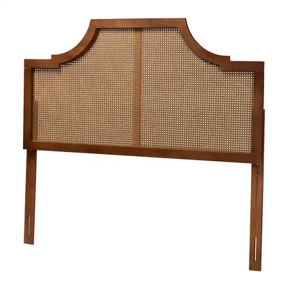 Risha Mid-Century Modern Ash Walnut Finished Wood and Rattan Headboard