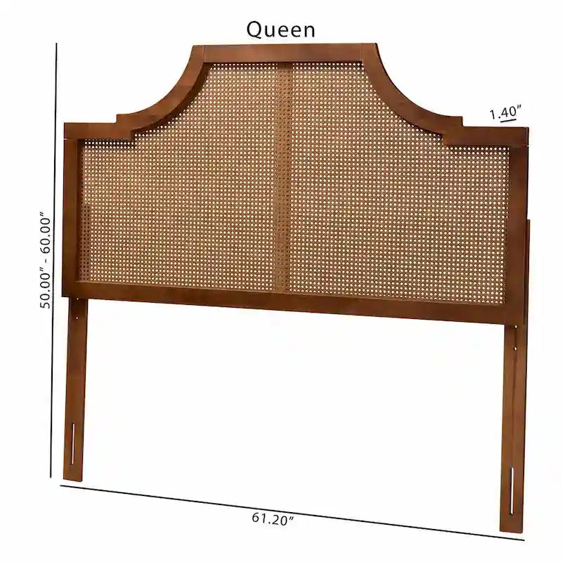 Risha Mid-Century Modern Ash Walnut Finished Wood and Rattan Headboard