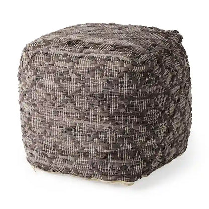 Mercana Falguni Grey Patterned Leather & Cotton Square Pouf