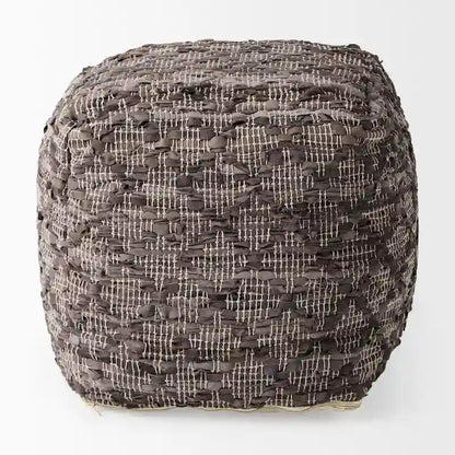Mercana Falguni Grey Patterned Leather & Cotton Square Pouf