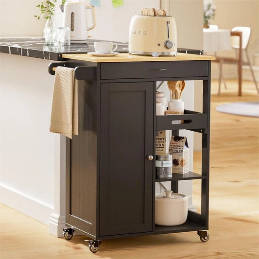 Kitchen Trolley Rolling Island Cart with 1 Drawer, Storage Cabinet and 3 Tier Storage Shelves