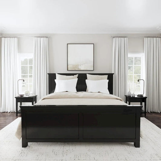 Oak Park Black Wood King Bed and Two Nightstands