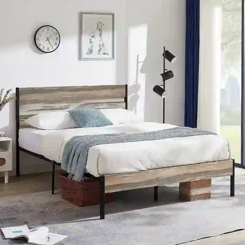 Industrial Metal Bed Frame with Wood Headboard, Twin/Full/Queen Bed Platform Metal Bedframe No Box Spring Needed, Slate