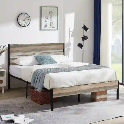 Industrial Metal Bed Frame with Wood Headboard, Twin/Full/Queen Bed Platform Metal Bedframe No Box Spring Needed, Slate