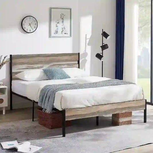 Industrial Metal Bed Frame with Wood Headboard, Twin/Full/Queen Bed Platform Metal Bedframe No Box Spring Needed, Slate