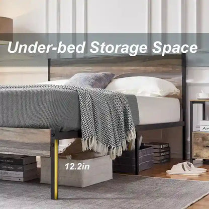 Industrial Metal Bed Frame with Wood Headboard, Twin/Full/Queen Bed Platform Metal Bedframe No Box Spring Needed, Slate