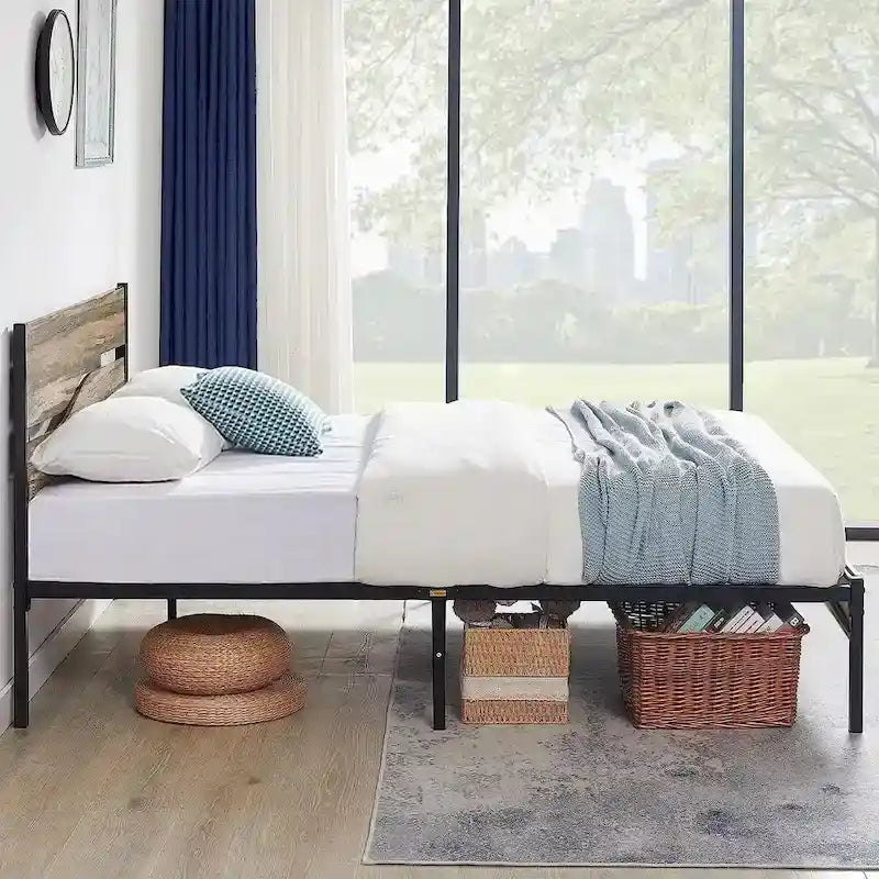 Industrial Metal Bed Frame with Wood Headboard, Twin/Full/Queen Bed Platform Metal Bedframe No Box Spring Needed, Slate