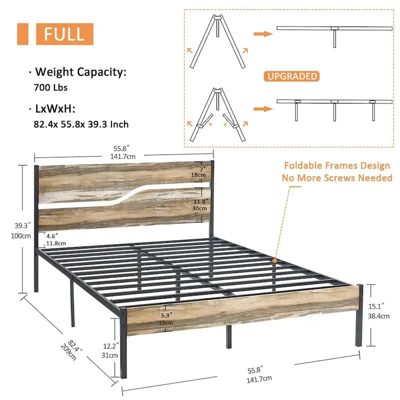 Industrial Metal Bed Frame with Wood Headboard, Twin/Full/Queen Bed Platform Metal Bedframe No Box Spring Needed, Slate