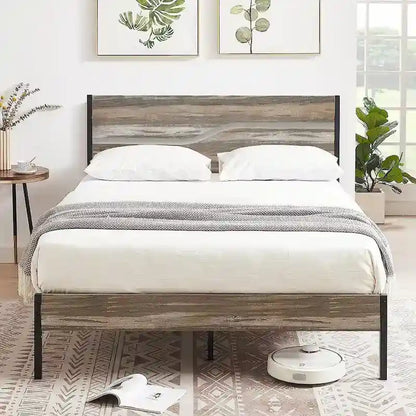 Industrial Metal Bed Frame with Wood Headboard, Twin/Full/Queen Bed Platform Metal Bedframe No Box Spring Needed, Slate