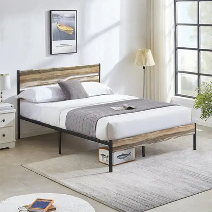 Industrial Metal Bed Frame with Wood Headboard, Twin/Full/Queen Bed Platform Metal Bedframe No Box Spring Needed, Slate