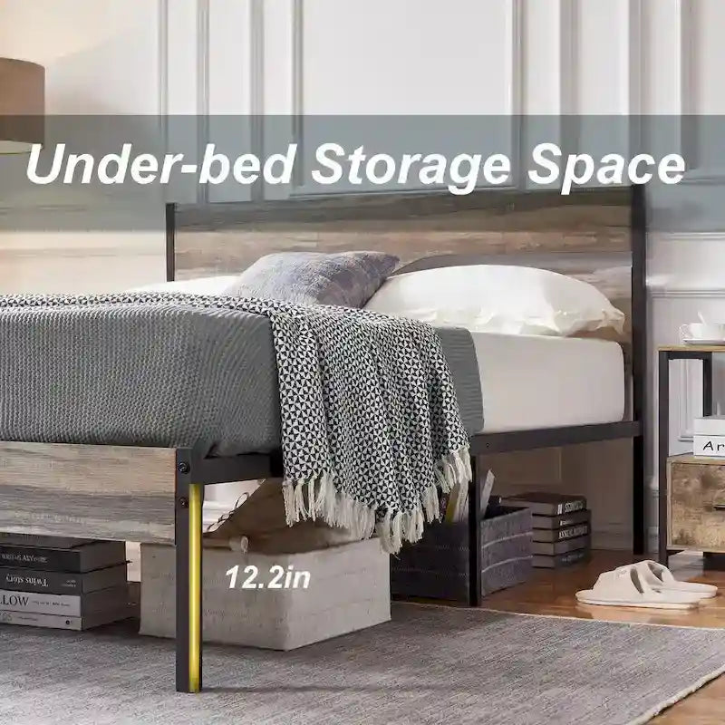 Industrial Metal Bed Frame with Wood Headboard, Twin/Full/Queen Bed Platform Metal Bedframe No Box Spring Needed, Slate