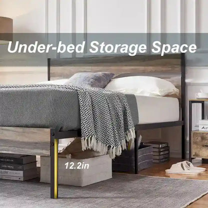 Industrial Metal Bed Frame with Wood Headboard, Twin/Full/Queen Bed Platform Metal Bedframe No Box Spring Needed, Slate