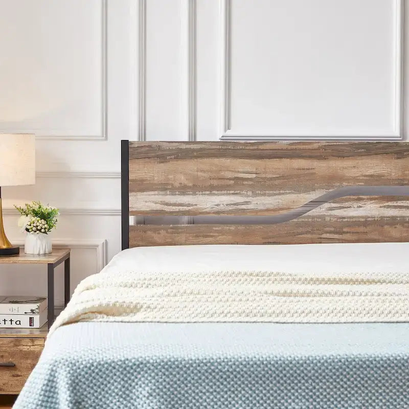 Industrial Metal Bed Frame with Wood Headboard, Twin/Full/Queen Bed Platform Metal Bedframe No Box Spring Needed, Slate