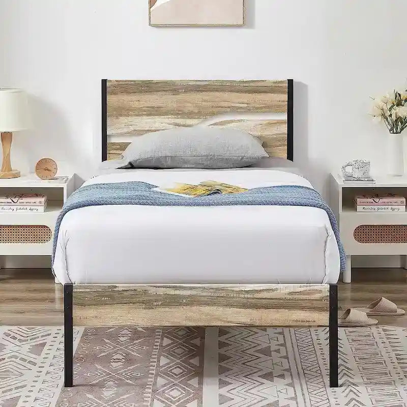Industrial Metal Bed Frame with Wood Headboard, Twin/Full/Queen Bed Platform Metal Bedframe No Box Spring Needed, Slate