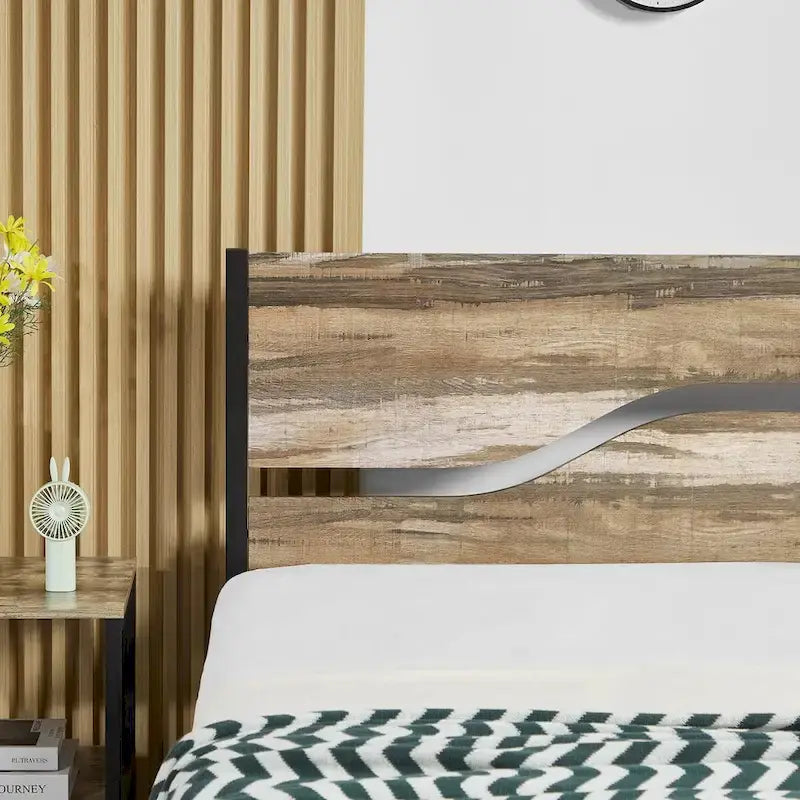 Industrial Metal Bed Frame with Wood Headboard, Twin/Full/Queen Bed Platform Metal Bedframe No Box Spring Needed, Slate