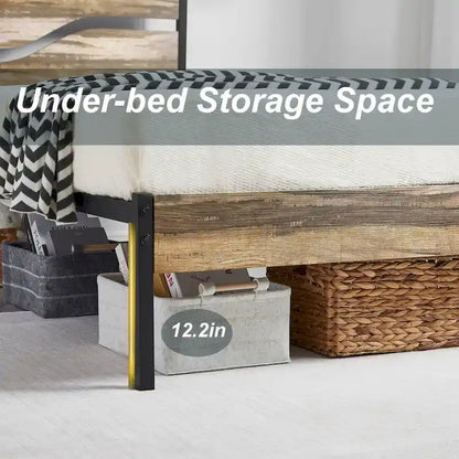 Industrial Metal Bed Frame with Wood Headboard, Twin/Full/Queen Bed Platform Metal Bedframe No Box Spring Needed, Slate