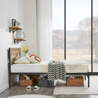 Industrial Metal Bed Frame with Wood Headboard, Twin/Full/Queen Bed Platform Metal Bedframe No Box Spring Needed, Slate