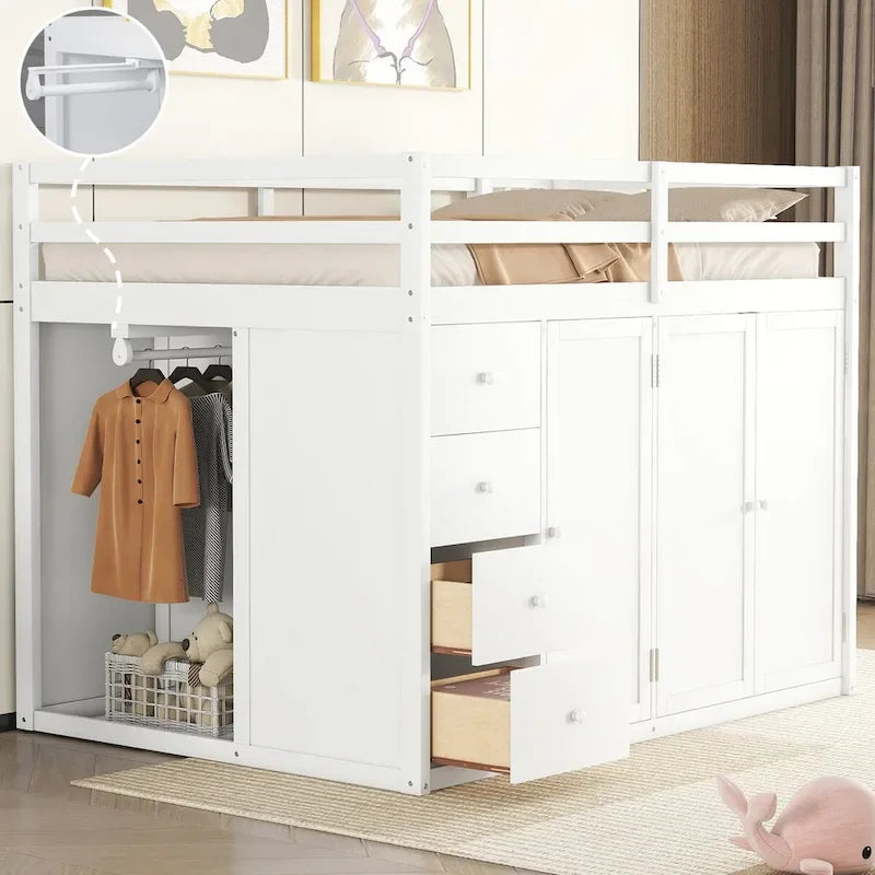 Full Size Wood Loft Bed With Built-in Wardrobes, Cabinets and Drawers