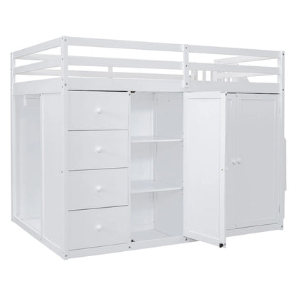 Full Size Wood Loft Bed With Built-in Wardrobes, Cabinets and Drawers