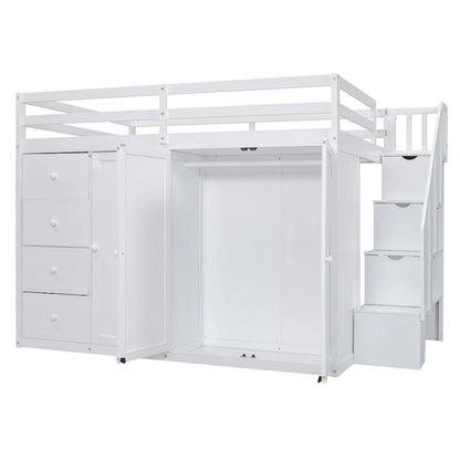 Full Size Wood Loft Bed With Built-in Wardrobes, Cabinets and Drawers