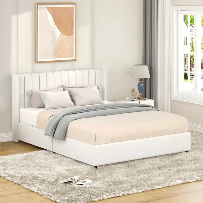 Queen Size Boucle Upholstered Platform Bed with Drawer