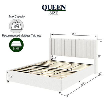 Queen Size Boucle Upholstered Platform Bed with Drawer