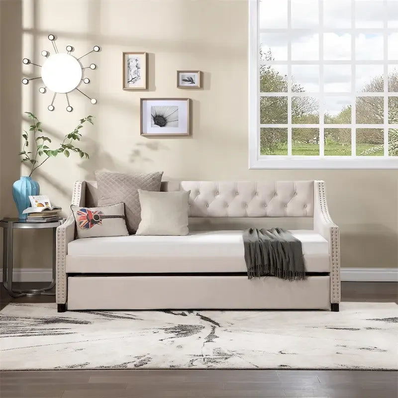 Full Size Daybed with Trundle Upholstered Tufted Sofa Bed with Button