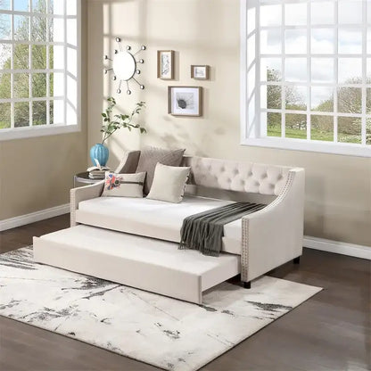 Full Size Daybed with Trundle Upholstered Tufted Sofa Bed with Button