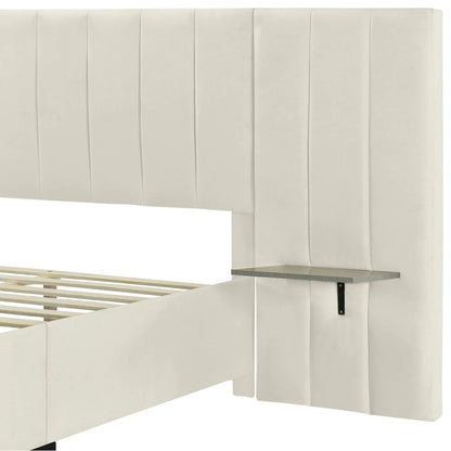 Full Size Velvet Upholstered Platform Bed with Big Headboard, Bedroom Furniture