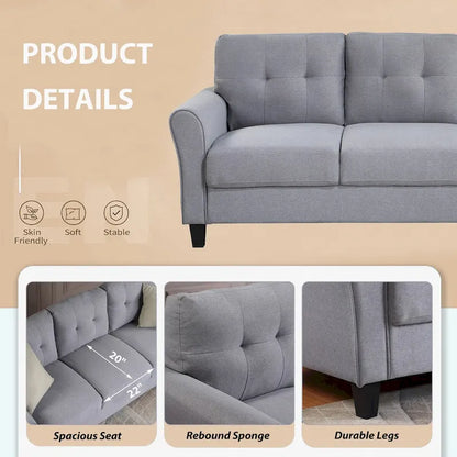 Light Grey-Blue Linen Upholstered Modern 3-Seat Sofa, Comfortable Cushion