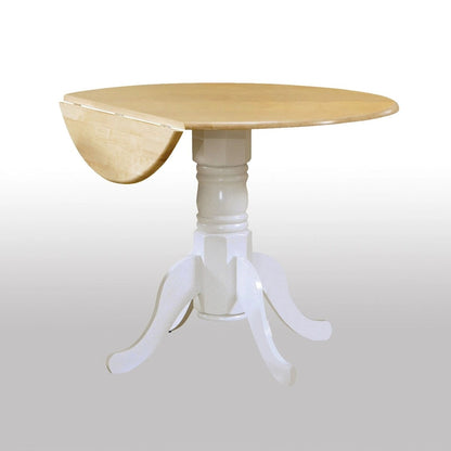 Round Pedestal Drop Leaf Dining Table, Natural Brown and White