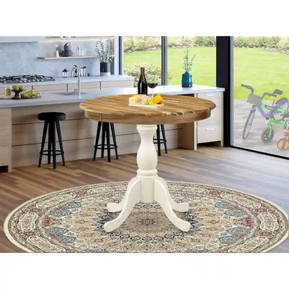 East West Furniture Antique Modern Kitchen Table - a Round Dining Table Top with Pedestal Base, Linen White
